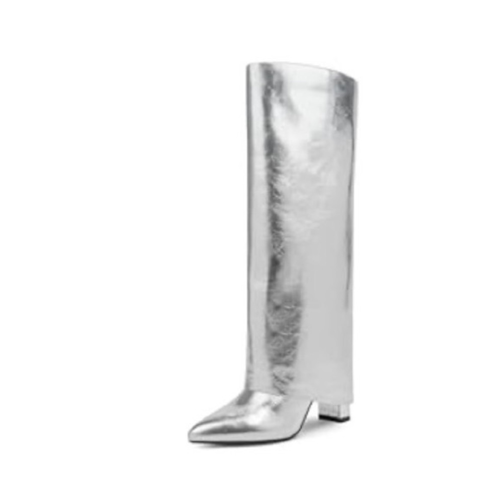 Silver Metallic Fold-Over Knee High Boots – Size 11 – 3.5” Chunky Heel